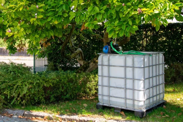 Citerne eau de pluie blanc nettoyé de 1000 litres avec cage galvanisée, pompe, vanne et pallete en plastique ou metal. vue-de-droite-dans-environnement-de-jardin