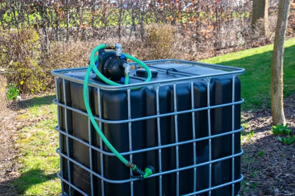 Cuve ibc noir nettoyé de 1000 litres avec cage galvanisée, pompe 220V, vanne et pallete en plastique ou metal