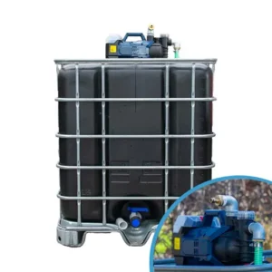 Cuve ibc noir renouvele de 1000 litres avec cage galvanisée, pompe sur batterie, vanne et pallete en plastique ou metal